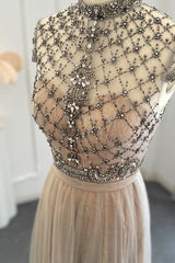 Chic A-Line Prom Dress UK with Champagne Jewel Neck and Tulle Diamond-Studded Detail-ballbellauk