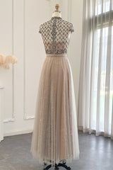 Chic A-Line Prom Dress UK with Champagne Jewel Neck and Tulle Diamond-Studded Detail-ballbellauk