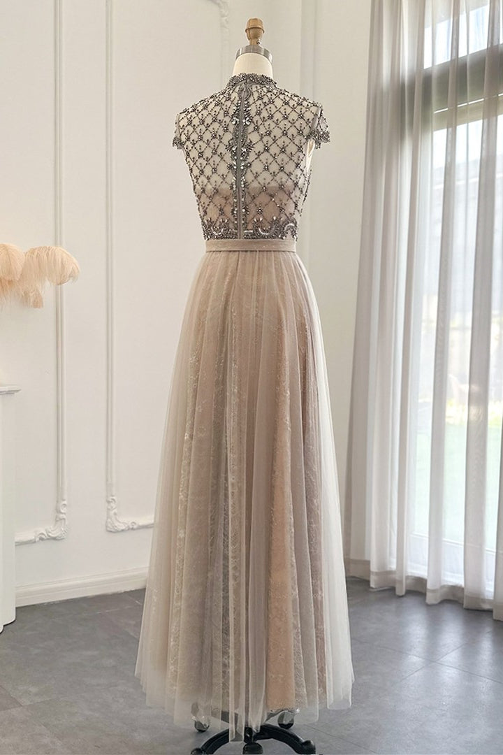 Chic A-Line Prom Dress UK with Champagne Jewel Neck and Tulle Diamond-Studded Detail-ballbellauk