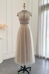 Chic A-Line Prom Dress UK with Champagne Jewel Neck and Tulle Diamond-Studded Detail-ballbellauk