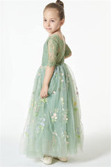 Chic Green Cap Sleeves Long Flower Girl Dresses With Appliques-ballbellauk