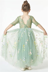 Chic Green Cap Sleeves Long Flower Girl Dresses With Appliques-ballbellauk