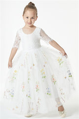 Chic Green Cap Sleeves Long Flower Girl Dresses With Appliques-ballbellauk