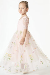 Chic Green Cap Sleeves Long Flower Girl Dresses With Appliques-ballbellauk