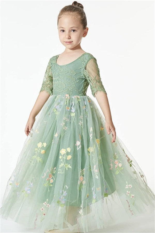 Chic Green Cap Sleeves Long Flower Girl Dresses With Appliques-ballbellauk