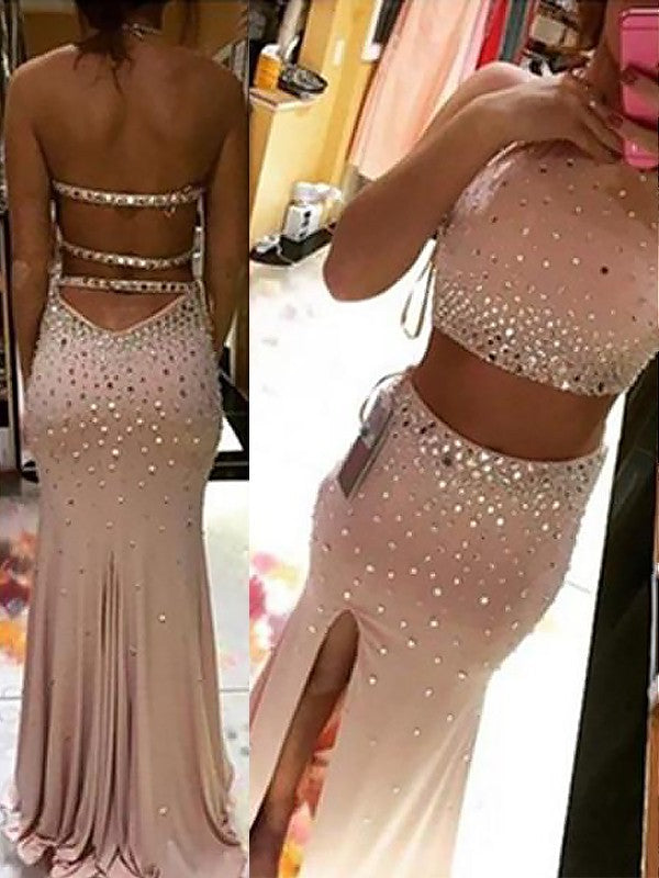 Chic Halter Beading Sleeveless Chiffon Two Piece Prom Dress-ballbellauk