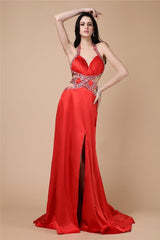 Chic Halter Beading Sleeveless Long Elastic Woven Elegant Evening Dress-ballbellauk