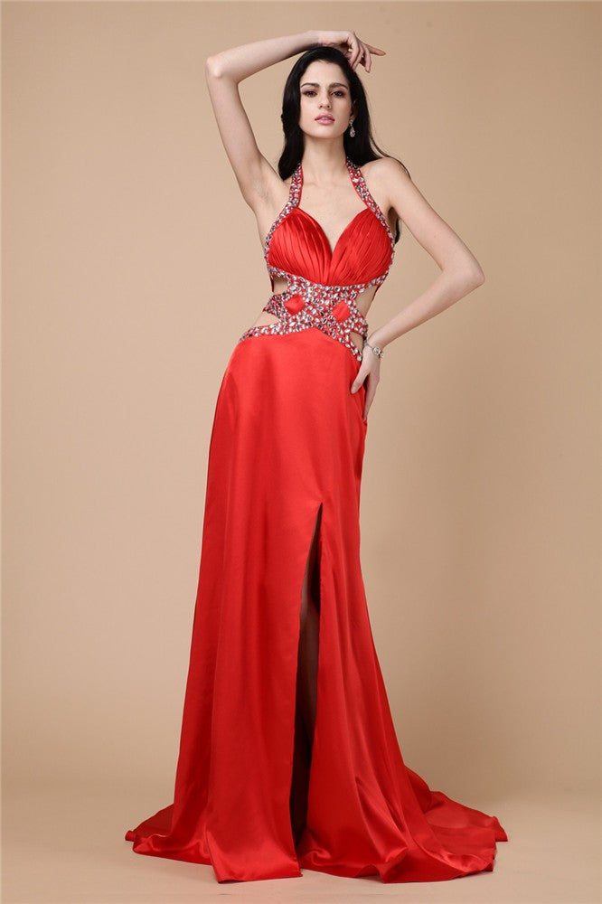 Chic Halter Beading Sleeveless Long Elastic Woven Elegant Evening Dress-ballbellauk