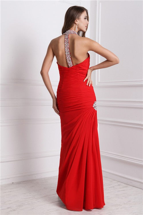 Chic Halter Beading Sleeveless Long Evening Dress Chiffon-ballbellauk