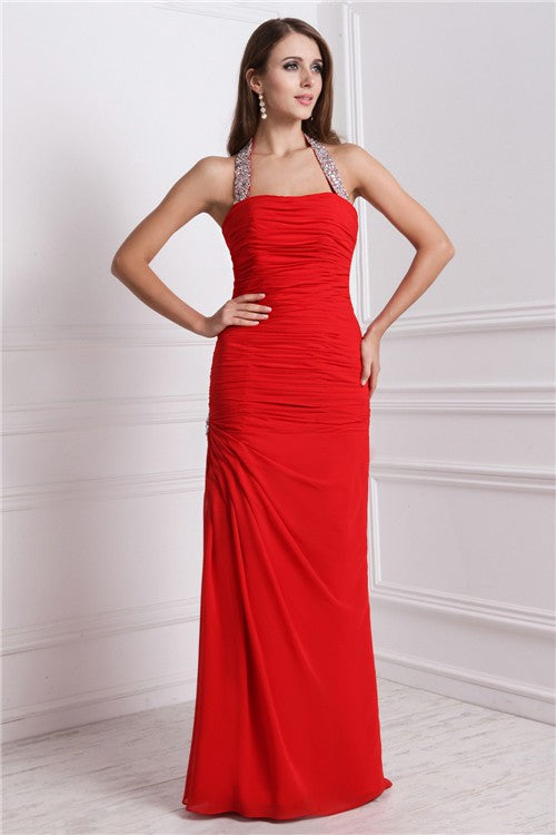 Chic Halter Beading Sleeveless Long Evening Dress Chiffon-ballbellauk