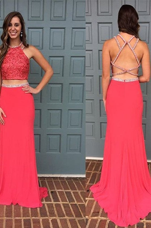 Chic Halter Beading Sleeveless Satin Two Piece Prom Dress-ballbellauk