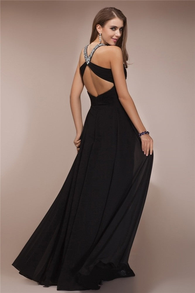 Chic Halter Sleeveless Long Beading Evening Dress Chiffon-ballbellauk