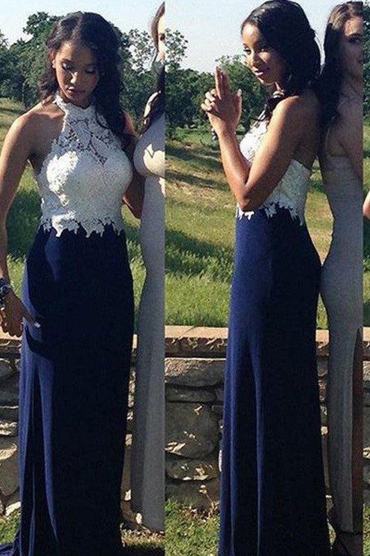 Chic Halter Sleeveless Long Chiffon Lace Prom Dress-ballbellauk