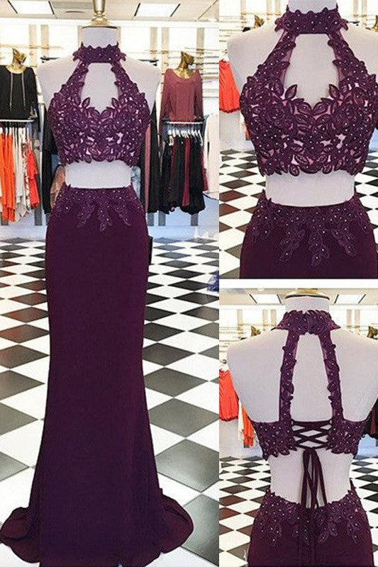 Chic Halter With Appliques Long Sleeveless Spandex Two Piece Prom Dress-ballbellauk