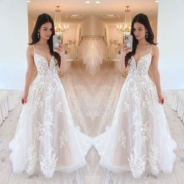 Chic Lace Wedding Dress A-Line V-Neck Bridal Gown Spaghetti-Straps-ballbellauk