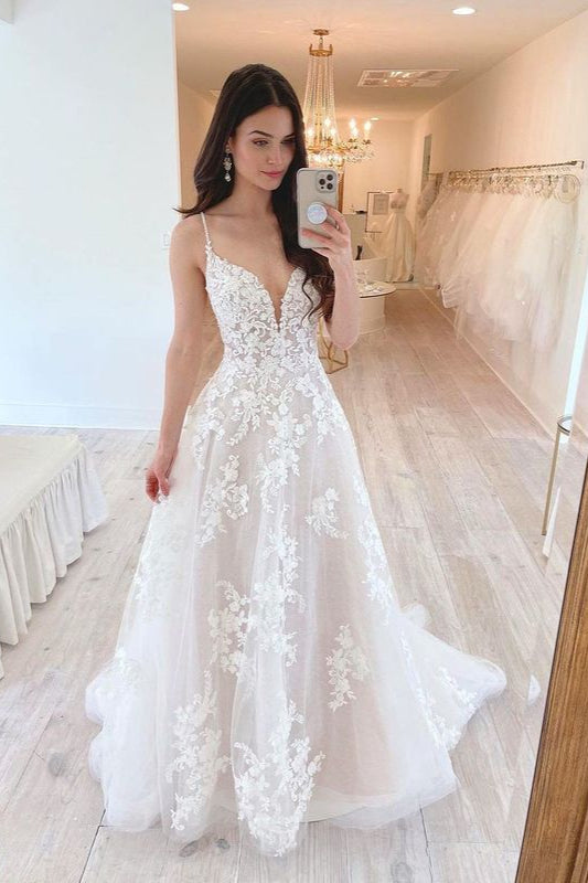 Chic Lace Wedding Dress A-Line V-Neck Bridal Gown Spaghetti-Straps-ballbellauk