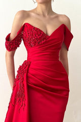 Chic Long Red Mermaid Off-the-Shoulder Lace Prom Dress-ballbellauk