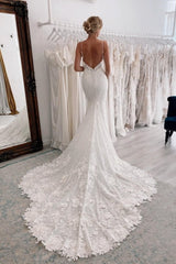 Chic Long White V-neck Mermaid Lace Wedding Dresses-ballbellauk