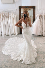 Chic Long White V-neck Mermaid Lace Wedding Dresses-ballbellauk