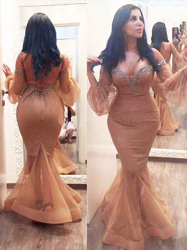 Chic Mermaid 3/4 Sleeves Off-the-shoulder Beading Long Plus Size Prom Dress-ballbellauk