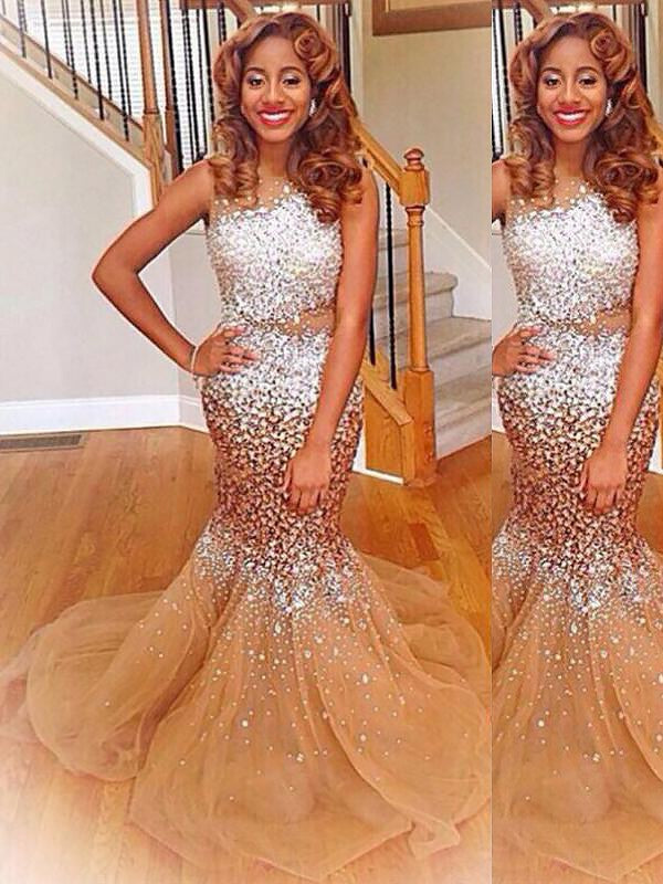 Chic Mermaid Bateau Sleeveless Sequin Tulle Prom Dress-ballbellauk