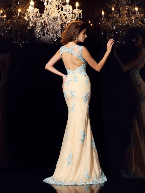 Chic Mermaid Bateau With Appliques Sleeveless Long Elegant Evening Dress-ballbellauk