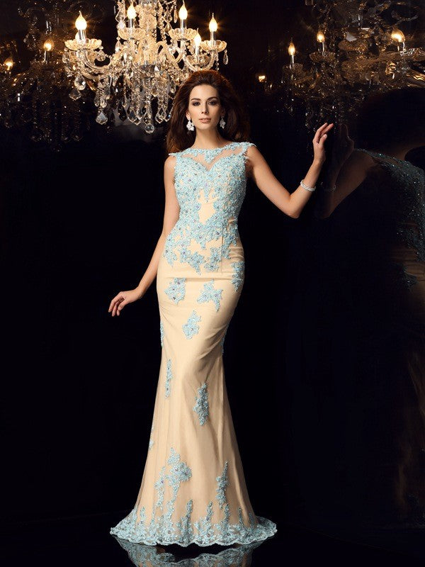 Chic Mermaid Bateau With Appliques Sleeveless Long Elegant Evening Dress-ballbellauk