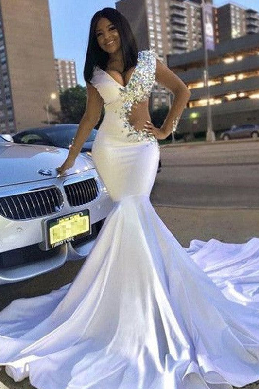 Chic Mermaid Elastic Woven Satin Beading V-neck Long Sleeves Court Train Prom Dress-ballbellauk