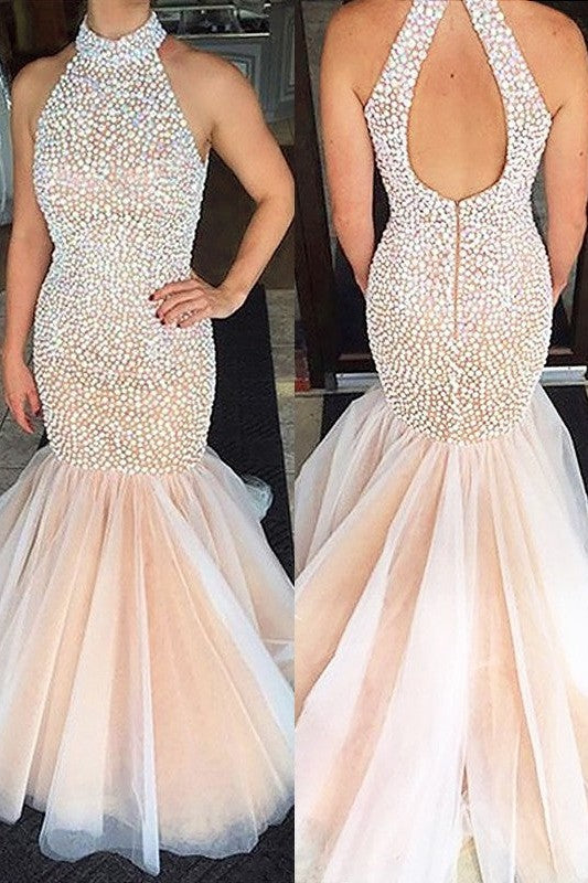 Chic Mermaid Halter Beading Sleeveless Tulle Prom Dress-ballbellauk