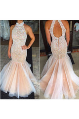 Chic Mermaid Halter Beading Sleeveless Tulle Prom Dress-ballbellauk