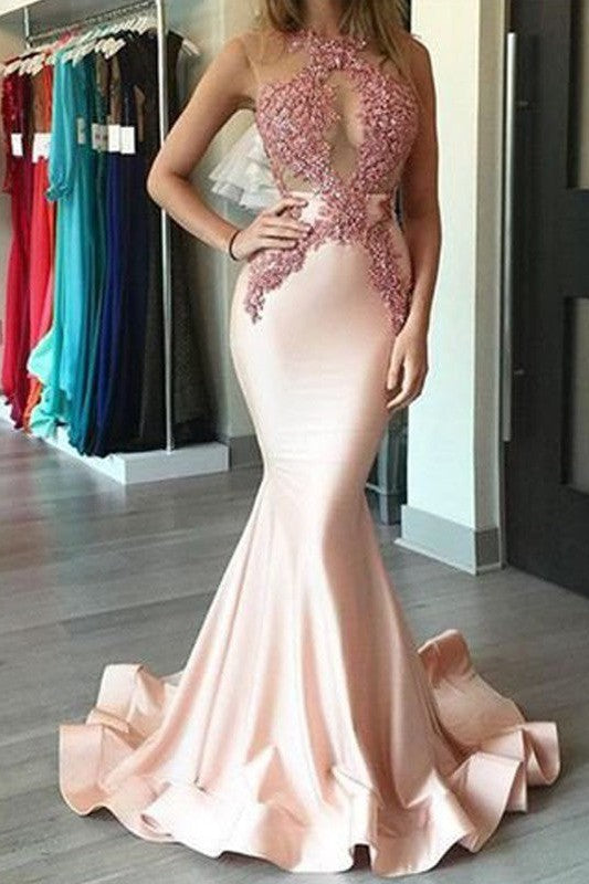 Chic Mermaid Halter Satin Sleeveless With Appliques Prom Dress-ballbellauk