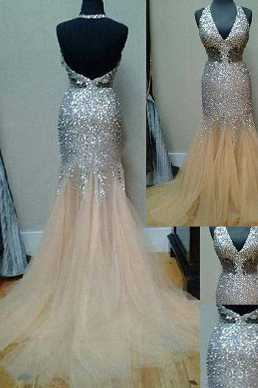 Chic Mermaid Halter Sleeveless Tulle Sequin Court Train Prom Dress-ballbellauk