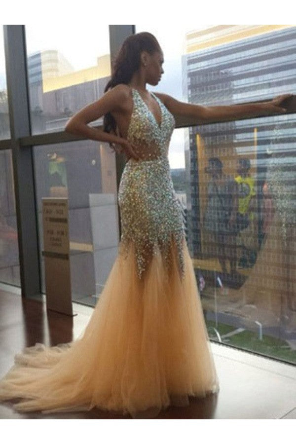 Chic Mermaid Halter Sleeveless Tulle Sequin Court Train Prom Dress-ballbellauk