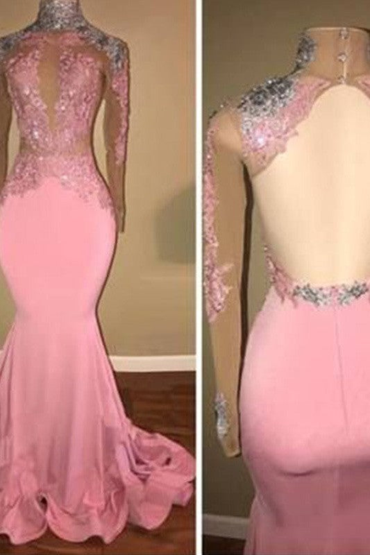 Chic Mermaid High Neck Jersey With Appliques Long Sleeves Prom Dress-ballbellauk