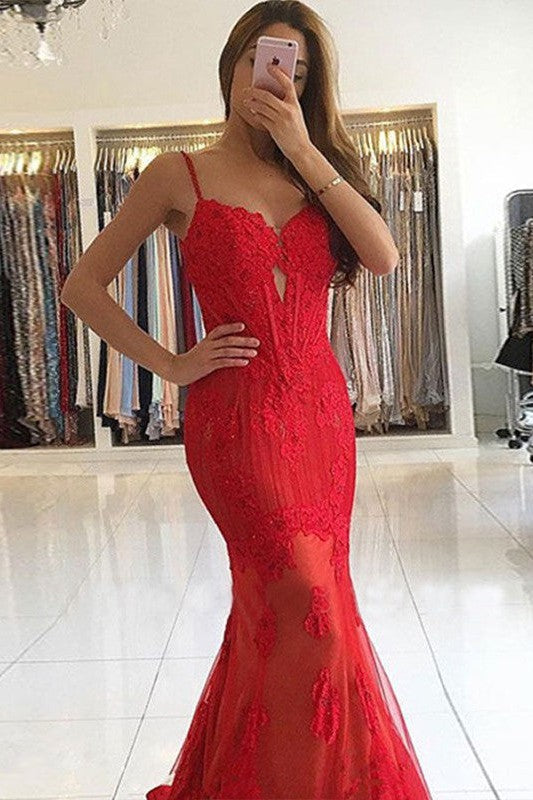 Chic Mermaid Lace With Appliques Sweetheart Sleeveless Prom Dress-ballbellauk