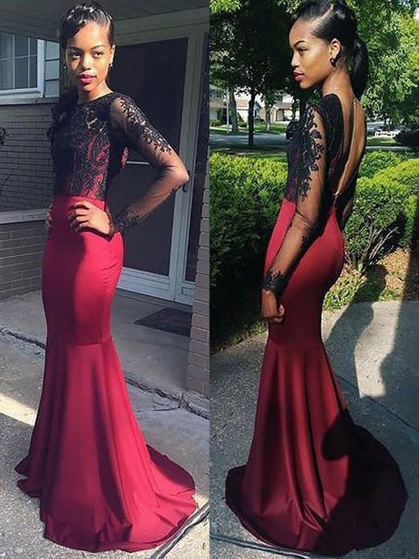 Chic Mermaid Long Sleeves Bateau Elastic Woven Satin Lace Prom Dress-ballbellauk