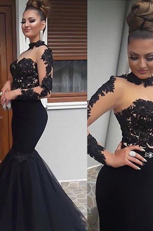 Chic Mermaid Long Sleeves High Neck Long With Appliques Tulle Prom Dress-ballbellauk