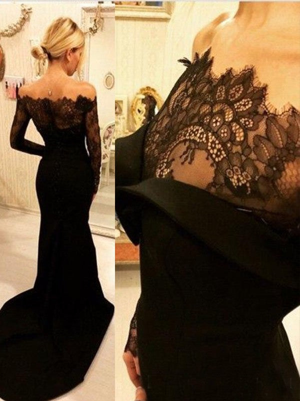 Chic Mermaid Long Sleeves Off-the-Shoulder Lace Elastic Woven Elegant Evening Dress-ballbellauk