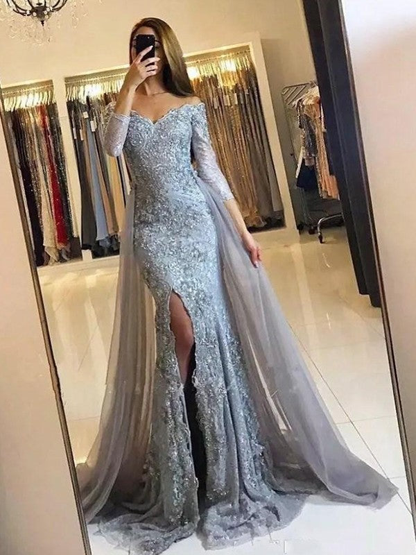 Chic Mermaid Long Sleeves Off-the-Shoulder Lace Prom Dress-ballbellauk