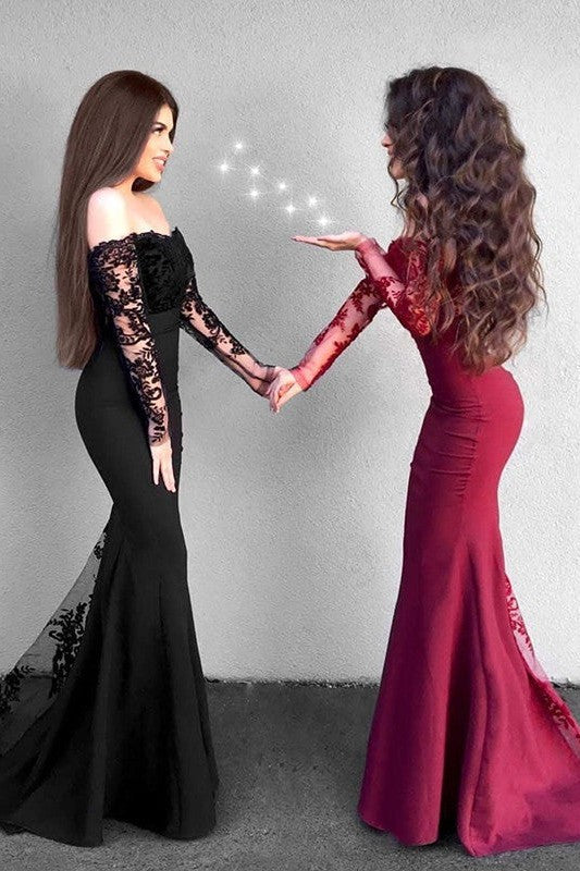 Chic Mermaid Long Sleeves Off-the-Shoulder Stretch Crepe Prom Dress-ballbellauk