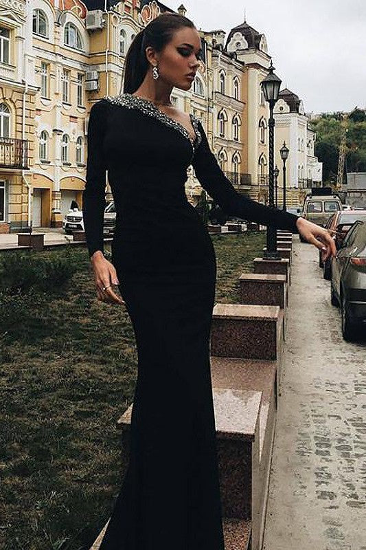 Chic Mermaid Long Sleeves One-Shoulder Spandex Beading Long Prom Dress-ballbellauk