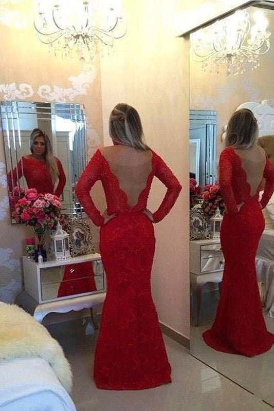 Chic Mermaid Long Sleeves Scoop Lace Prom Dress-ballbellauk