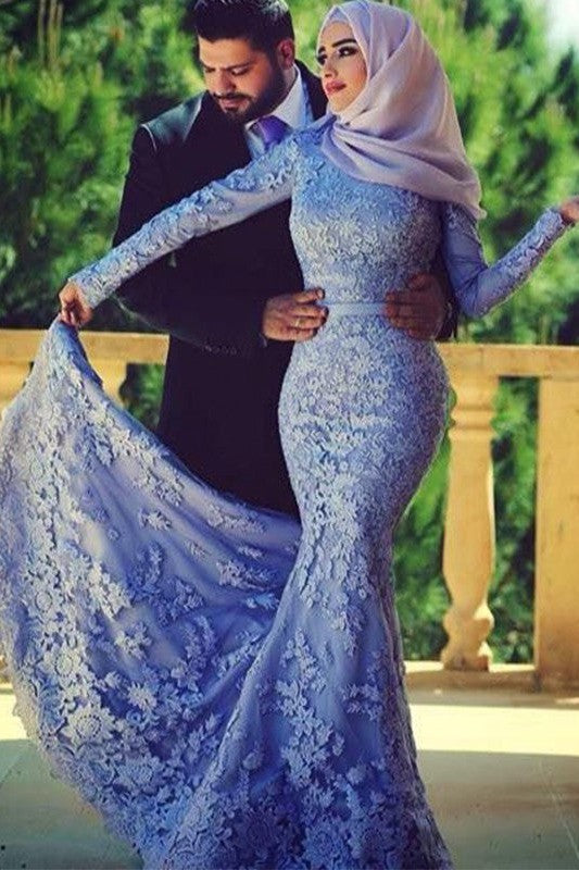 Chic Mermaid Long Sleeves Scoop Ruffles Lace Muslim Prom Dress-ballbellauk