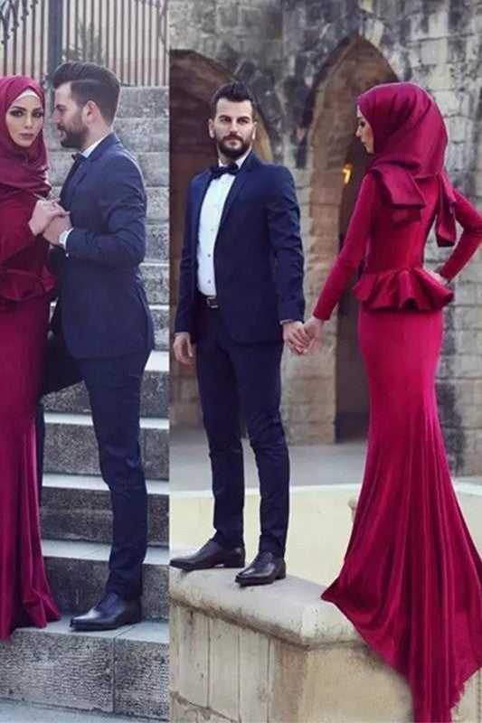 Chic Mermaid Long Sleeves Scoop Ruffles Velvet Muslim Prom Dress-ballbellauk