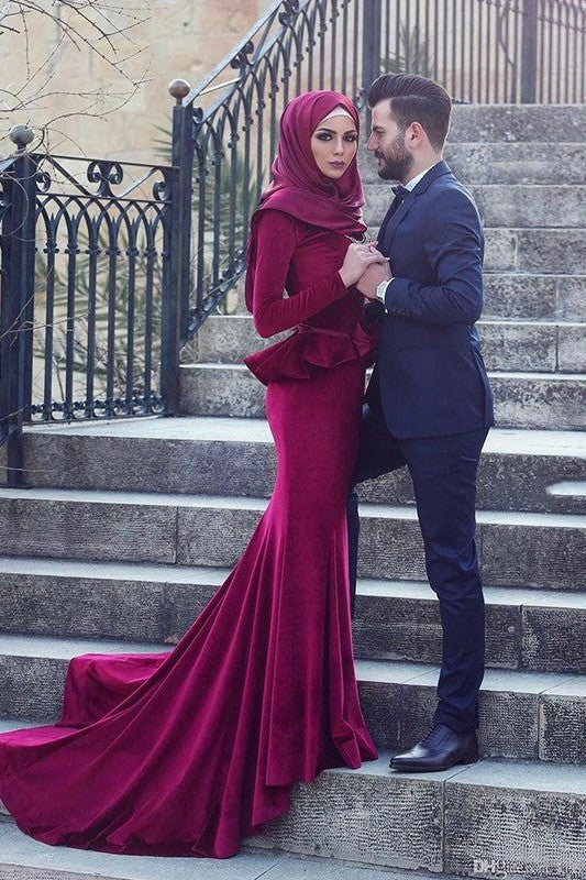 Chic Mermaid Long Sleeves Scoop Ruffles Velvet Muslim Prom Dress-ballbellauk