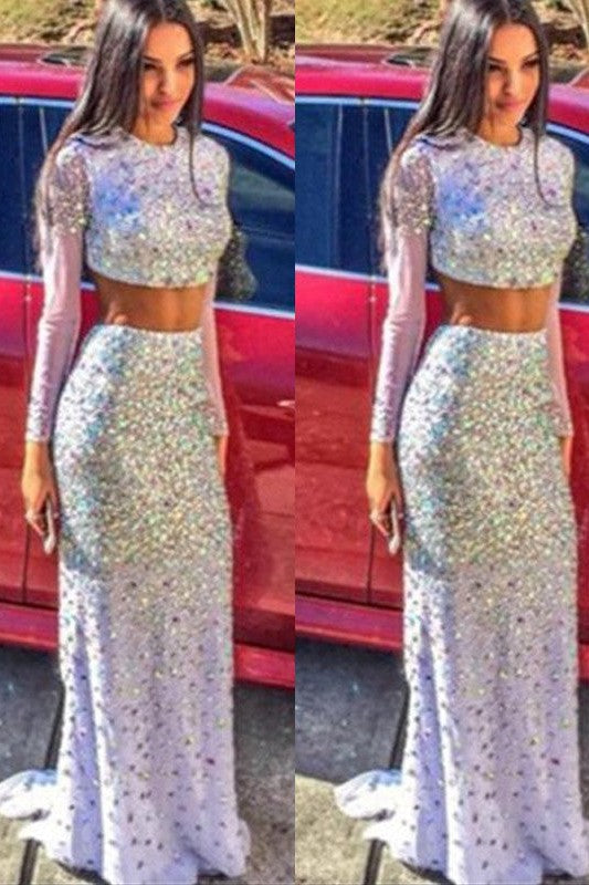 Chic Mermaid Long Sleeves Scoop Sequin Chiffon Two Piece Prom Dress-ballbellauk