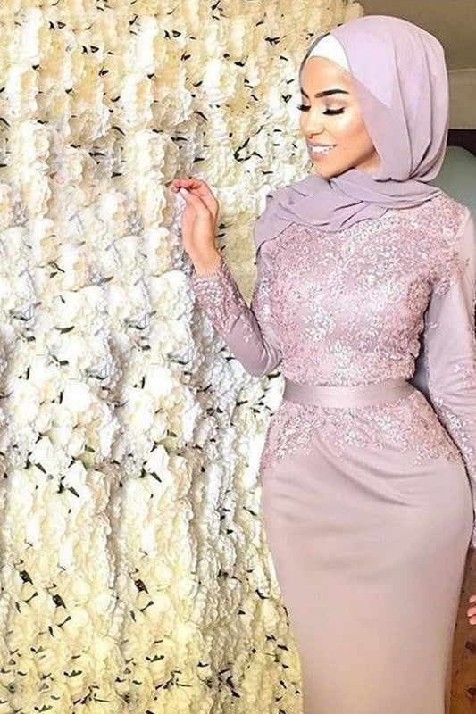 Chic Mermaid Long Sleeves Scoop With Appliques Muslim Prom Dress-ballbellauk