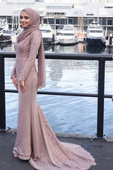 Chic Mermaid Long Sleeves Scoop With Appliques Muslim Prom Dress-ballbellauk