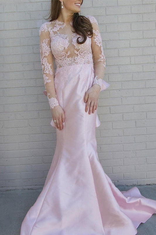 Chic Mermaid Long Sleeves Scoop With Appliques Prom Dress with Satin-ballbellauk