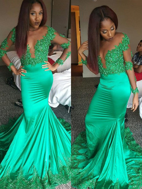 Chic Mermaid Long Sleeves V-neck Satin Lace Prom Dress-ballbellauk